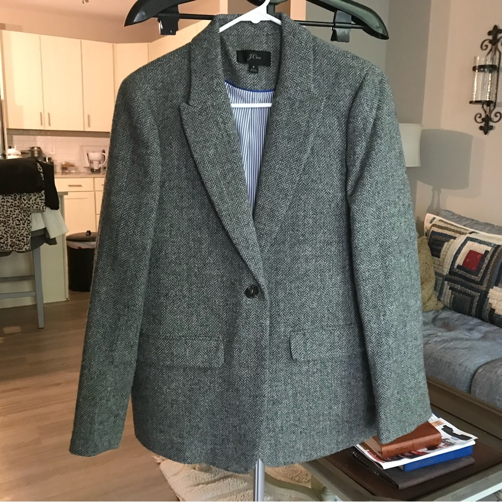 J. Crew Gray Herringbone Blazer with Blue Lining